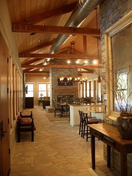 Cathedral Ceilings, Barn Living, Entry Design, Barndominium Floor Plans, H Design, Stone Walls, Exposed Beams, Metal Building Homes, Pole Barn Homes