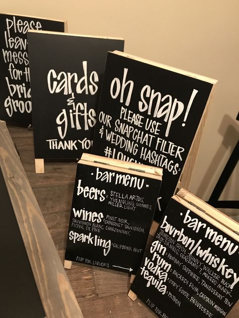 wedding signage | mini-chalkboard easels from Michael’s (designed by a friend) | dessert table, social media, cards + gifts, etc. // #weddinghashtag #weddingdecor #socialmedia #weddingreception #chalkboard #snapchat Mini Chalkboard Signs Wedding, Mini Chalkboard Signs Ideas, Small Chalkboard Signs, Wedding Chalk, Chalkboard Easel, Wedding Filters, Chalkboard Table, Small Chalkboard, Wedding Chalkboard Signs