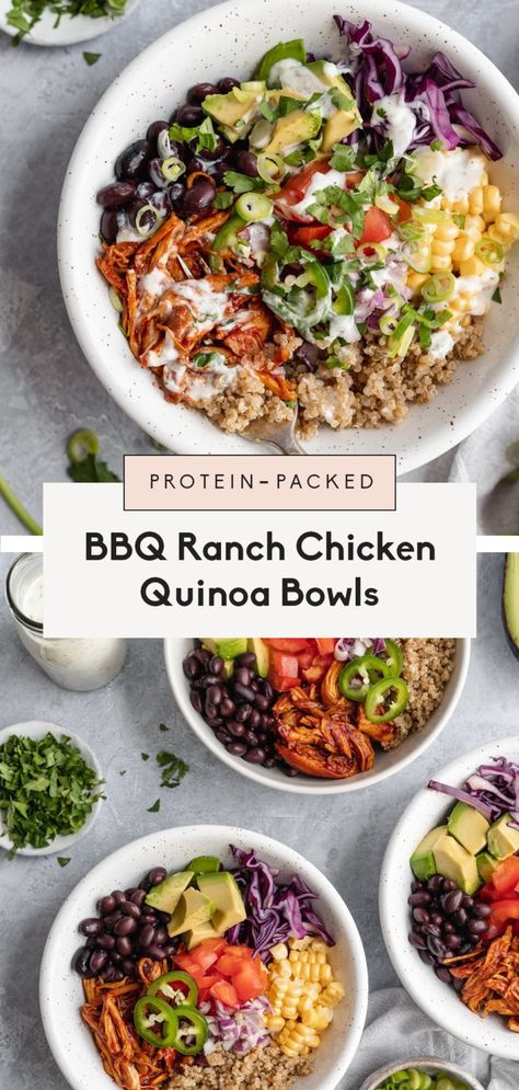 Delicious BBQ ranch chicken quinoa bowls loaded with black beans, crunchy red cabbage, sweet corn, tomato, onion, jalapeño, avocado and your choice of creamy ranch dressing. The BBQ chicken for these healthy chicken quinoa bowls can be made in the slow cooker or grilled for the perfect meal prep dinner or lunch! #quinoa #bbq #chicken #mealprep #lunch #healthylunch #dinner #glutenfree Green Bean Meal Prep, Low Cholesterol Lunch Ideas, Chicken And Quinoa Recipes, Healthy Chicken Quinoa Bowls, Quinoa Lunch Recipes Chicken, Shredded Chicken Quinoa Bowl, Macro Friendly Lunch Ideas, Low Cholesterol Meals Dinner Ideas, Bbq Quinoa Bowl