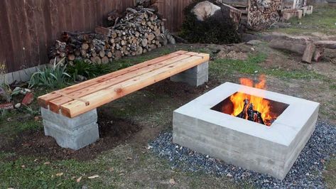 Side Courtyard, Fire Pit Bench, Cinder Block Fire Pit, Outdoors Ideas, Cinder Block Garden, Diy Bench Outdoor, Cinder Blocks, Project House, Cool Fire Pits