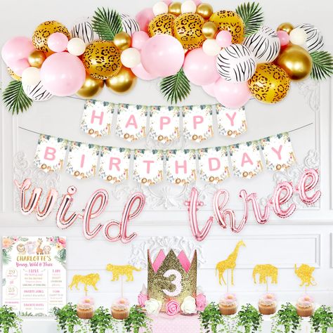 PRICES MAY VARY. YOUNG WILD AND THREE DECORATIONS GIRLS KIT INCLUDE - 1pc wild animal happy birthday banner, 5pcs wild animal cupcake toppers, 1pc 3 years old crown for girl, 5pcs decorative leaves, 1pc 16” rose gold wild three letter foil balloon, 1pc wild three poster, 1pc gold pen, safari wild girl balloon garland arch kit includes 40pcs 10" latex balloons and 15pcs 5" latex balloons. SUITABLE FOR VARIOUS OCCASIONS – This young wild and three decorations for girl kit is suitable for wild thre Wild And Three Decorations, Two Wild Birthday Decorations, Wild Birthday Decorations, Two Wild Cake Topper, Safari Balloon Garland, Two Wild Cake, Two Wild Cakes, Safari Birthday Decorations, Animal Happy Birthday