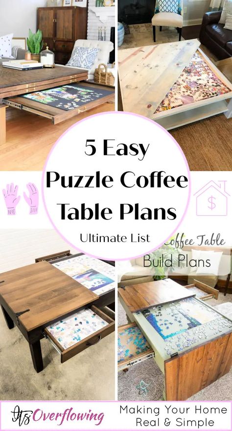 5 Easy and Quick Puzzle Coffee Table Plans - Its Overflowing Diy Puzzle Table, Puzzle Coffee Table, Table Top Epoxy, Jigsaw Puzzle Table, Puzzle Storage, Diy Puzzle, Coffee Table Plans, Puzzle Table, Epoxy Table Top