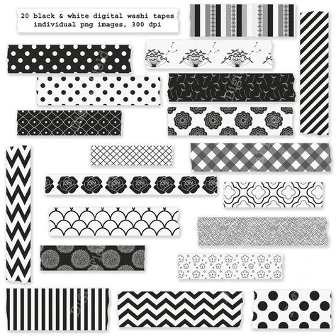 Art Journal Printables, Diy Paper Clips, Digital Washi, Black Journals, Note Writing Paper, Washi Tape Planner, Black And White Stickers, Scrapbook Stickers Printable, Printable Scrapbook Paper