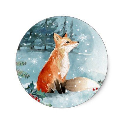 Woodland Fox Watercolor Christmas Forest Classic Round Sticker - christmas craft supplies cyo merry xmas santa claus family holidays Fox Ceramic, Painted Fox, Fox Watercolor, Fox Ornaments, Diy Christmas Garland, Christmas Holiday Photos, Fox Christmas, Christmas Forest, Woodland Fox