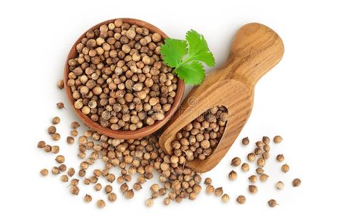 Dried coriander seeds in the wooden bowl with fresh green leaf isolated on white background. Top view. Flat lay stock image Wooden Bowl, Coriander Seeds, Fresh Green, Wooden Bowls, Green Leaf, Top View, Iphone Wallpapers, Green Leaves, Flat Lay