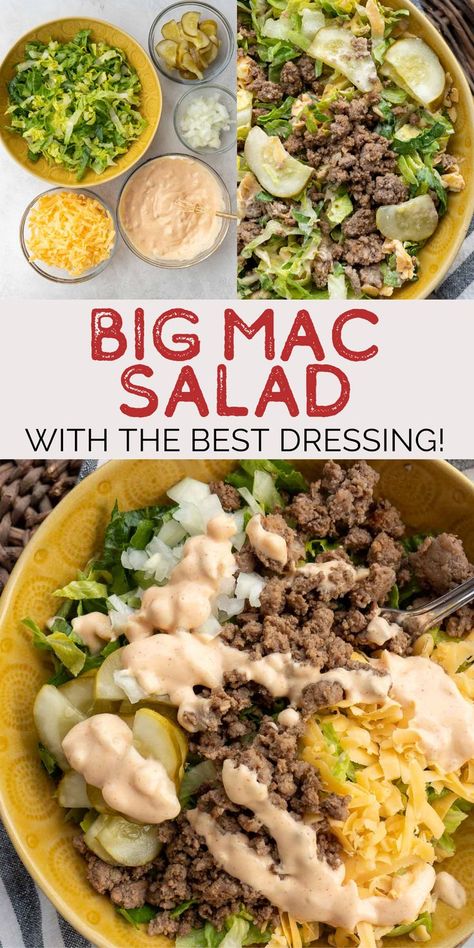 Enjoy the flavors of your favorite burger in a tasty salad! This Big Mac Salad features seasoned ground beef, crisp lettuce, cheese, dill pickles and that signature sauce! Easy Big Mac Salad, Seasoned Ground Beef, Big Mac Salad, Meal Prep Lunch, Salads For A Crowd, Mac Salad, Prep Lunch, Quick Side Dishes, Zucchini Salad