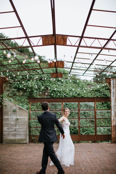 The Standard is one of my favorite venues in Knoxville, Tennessee! This couple had their ceremony at Immaculate Conception Catholic Church, but had their portraits and reception at The Standard Knoxville. Their colors were blush and greenery, and the bride wore a lace wedding gown from Wedding Inspirations Asheville. The bouquets were from Lisa Foster Floral Design. We took their sunset portraits in pouring rain on the patio under bistro lights. Knoxville Botanical Garden Wedding, Knoxville Wedding Venues, Church Wedding Photos, Wedding Tennessee, Tennessee Wedding Venues, Rustic Summer Wedding, Downtown Wedding, Bistro Lights, Pouring Rain