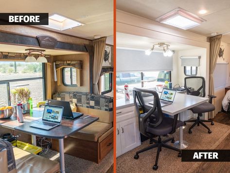 Camper Workspace, Camper To Office, Rv Home Office, Camper Office Remodel, Camper Office Space, Rv Workspace, Travel Trailer Office, Rv With Office Space, Kaitlin Core