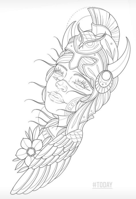 Valkyrie Tattoo Stencil, Free Printable Tattoo Coloring Pages For Adults, Art Sketches Tattoo, Woman Warrior Tattoo Goddesses, Sleeve Tattoo Stencil, Athena Tattoo, Sketches Tattoo, Dragon Tattoo Ideas, Valkyrie Tattoo