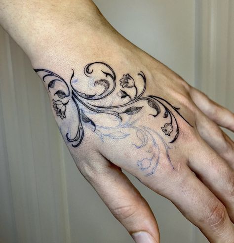 Whimsical Goth Tattoo, Flower Hand Tattoo, Kpop Tattoo, So Ho, Simple Tats, Pretty Hand Tattoos, 4 Tattoo, Tattoo Portfolio, Aesthetic Tattoo