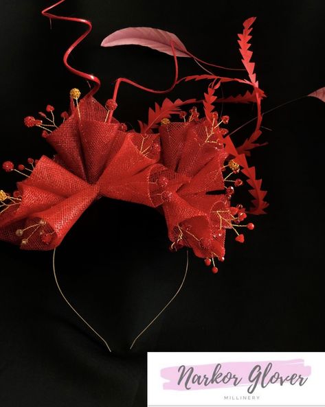 Red sinamay cut lilies, nicely arranged on a headband. Embellished with red crytals and gold shambala beads, quil and tree cut feathers. This fascinator is suitable for all outdoor and indoor events. Tree Cut, Red Fascinator, Indoor Event, Melbourne Cup, Cocktail Hat, Fascinator Hats, Derby Hats, Festival Bra, Fascinator