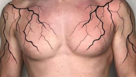 Lightning Chest Tattoo, Lightning Tattoo Men, Lightning Back Tattoo, Lightning Tattoo Design, Lighting Tattoo, Blitz Tattoo, Maching Tattoos, Adventure Time Tattoo, Half Sleeve Tattoos Forearm