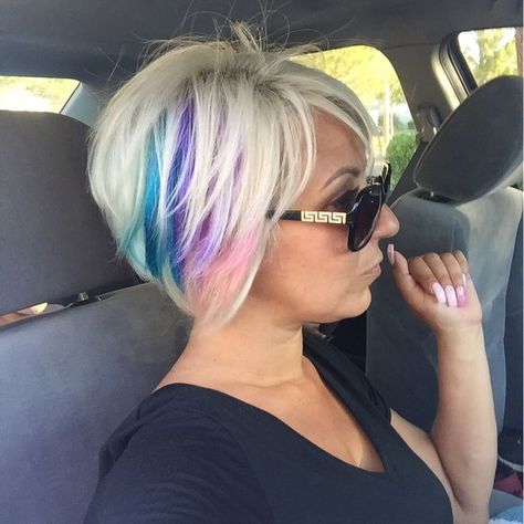 My, my little pony hair! | Hair styles, Bold hair color, Hair color pastel Short Opal Hair, Hair Color Around The Face, Peekaboo Hair Color Pixie, Short Unicorn Hair, Purple Dip Dye Hair Blonde, Peekaboo Short Hair, Short Hair Peekaboo Color, Rainbow Pixie Hair, Short Coloured Hair