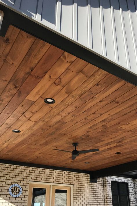 Stained Pine Ceiling Outdoor, Wood Ceiling Exterior, Patio With Wood Ceiling, Tongue And Groove Deck Ceiling, Soffit Under Porch Roof, Porch Wood Ceiling Ideas, Wood Ceiling Porch Outdoor Living, Sunroom Ceiling Ideas Wood Planks, Tongue And Groove Ceiling Vaulted