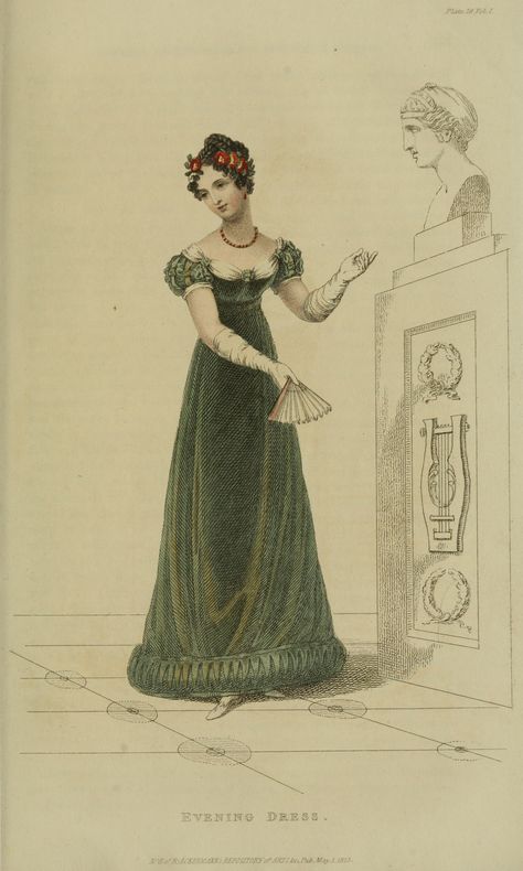 1823 - Ackermann's Repository Series 3 Vol 1 - May Issue 1820s Fashion, Regency Gown, Regency Era Fashion, Era Fashion, 1800s Fashion, Regency Dress, Regency Fashion, Georgian Era, 19th Century Fashion