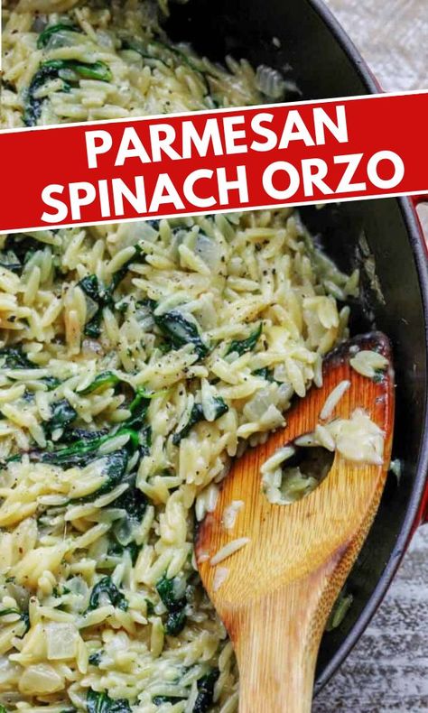 Parmesan Spinach Orzo can serve as a super quick and flavorful side dish, or a vegetarian entree. It contains only 4 ingredients and it's ready in 15 minutes. This is a perfect recipe for a busy weeknight dinner. Orzo Recipes Side, Spinach Orzo, Parmesan Spinach, Parmesan Orzo, Shrimp Sausage, Garlic Spinach, Side Dishes For Chicken, Chicken Shrimp, Orzo Recipes