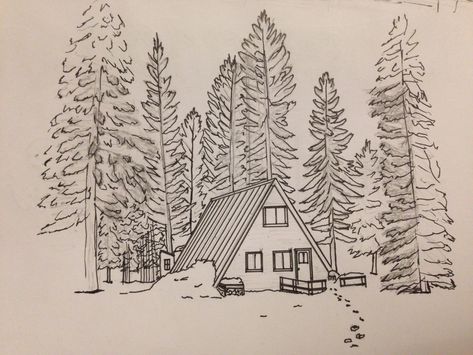 Cabin Sketch Drawing, Cabins In The Woods Drawing, Cottage In The Woods Drawing, How To Draw A Log Cabin, Cabin Line Drawing, A Frame Cabin Drawing, Cabin In Woods Drawing, Cabin In The Woods Tattoo, Cabin Drawing Simple