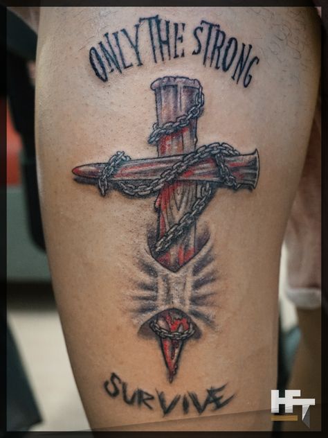 Only the strong survive Cross Chains | Done at Hot Flame Tattoo | Feb 23rd 2019 | 884005 Strong Survive Tattoo, Only The Strong Survive Tattoo, Survive Tattoo, Flame Tattoo, Christ Artwork, Chain Tattoo, Flame Tattoos, Flag Tattoo, Jesus Christ Artwork