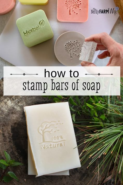 Learn tips and tricks to help you stamp soap of all kinds: cold process, hot process, and melt and pour! Soap Making Molds Diy, Buff City Soap Recipe, How To Stamp Soap, Soap Stamps Diy How To Make, Diy Soap Molds Ideas, Soap Making Melt And Pour, Packaging Homemade Soap, Diy Soap Mold, Shea Butter Melt And Pour Soap Recipes