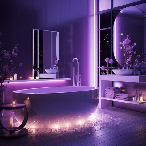 Step into a realm of opulence and sophistication with our Luxury Modern Purple Lighting Bathroom Style. Designed to captivate and inspire, this exquisite bathroom showcases a harmonious fusion of contemporary aesthetics and lavish comfort, creating a sanctuary of indulgence within your home. Purple House Interior Ideas, Christmas Decor Ideas Living Room, Purple Closet, Anime Bathroom, Purple Appliances, Bathroom Purple, Purple Themed Bedroom, Lilac Bathroom, Purple Bathroom