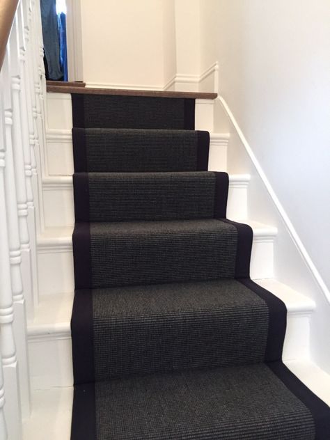 Black Sisal with Black Binding Installed to Stairs Grey Stairs, Grey Carpet Living Room, Stairs Black, Stairs Hallway, Stairs Carpet, Black Stairs, Black Borders, Goth Stuff, Stair Carpet