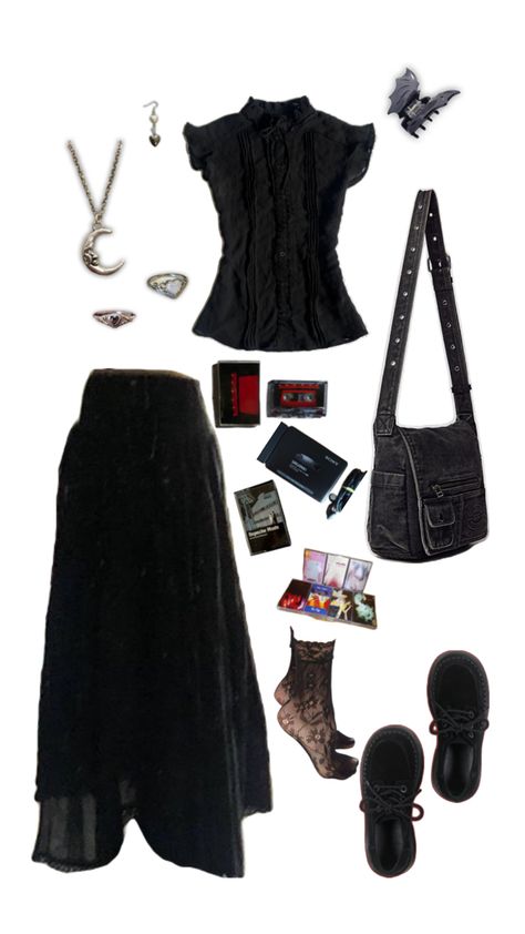 cute goth whimsigoth alternative outfit with long black skirt and ruffled cropped blouse Outfit With Long Black Skirt, Ruffled Skirt Outfit, Black Long Skirt Outfit, Long Skirt Outfit, Long Black Skirt, Black Skirt Outfits, Cute Goth, Long Skirt Outfits, Cropped Blouse