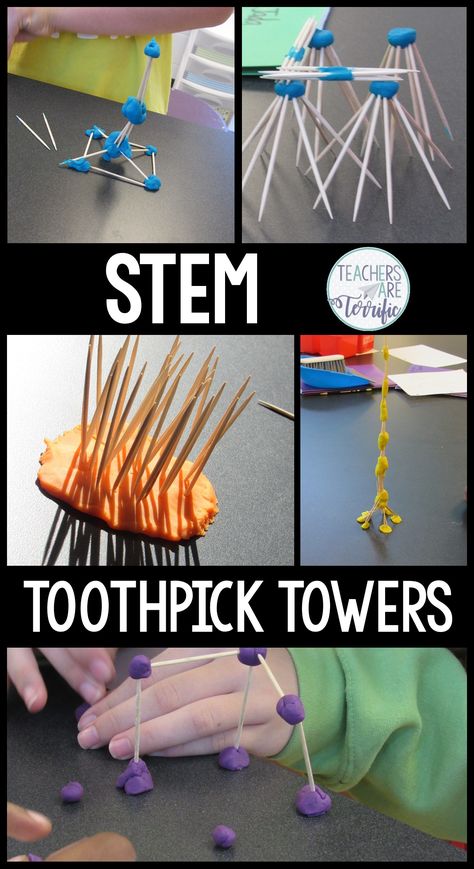 STEM Challenge: Build a tower using two materials. Includes a second version using a blueprint that must be followed! Stem Club Activities, Toothpick Tower, Eoy Activities, Spaghetti Tower, Stem Centers, Steam Challenges, Stem Classes, Stem Elementary, Stem Lab