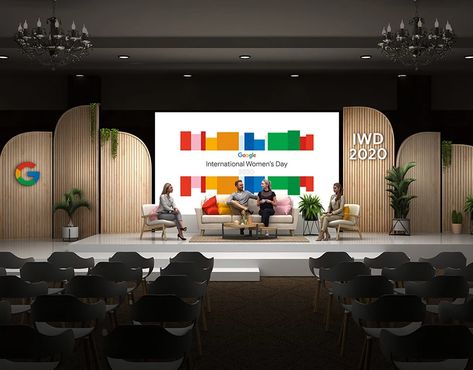 Stage Ideas Design Event, Event Concept Ideas Inspiration, Google Stage Design, Wooden Stage Design, Conference Set Up, Event Stage Design Ideas Creative, Stage Backdrop Ideas Events, Conference Set Design, Cool Stage Design