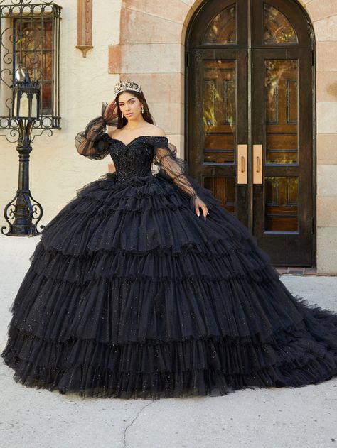 Black Quinceañera Dresses Marie Sleeve, Ruffle Ball Gown, Black Quinceanera, Quinceanera Collection, Black Quinceanera Dresses, Basque Waist, Debutante Ball, Quince Dress, 16 Dress