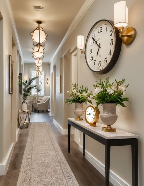 Large Hallway Decorating Ideas, Decor For Long Hallway, Make Hallway Look Bigger, Long Entryway Decorating, Narrow Entry Way Decor, Decorating Narrow Hallways, Long Hall Entryway Ideas, Wide Hallway Decorating Ideas, Decorate Long Hallway