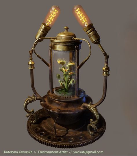 Steampunk Aesthetic Room, Plant Steampunk, Steampunk Terrarium, Steampunk Laboratory, Steampunk Props, Steampunk Bedroom, Assassins Creed Cosplay, Light Sculptures, Alien Plants