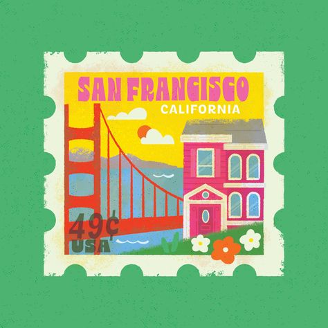 Diary Design, San Francisco Design, Travel Stamp, Postcard Stamps, Mid Century Illustration, Pop Art Design, Travel Illustration, Postcard Design, Vintage Poster Art