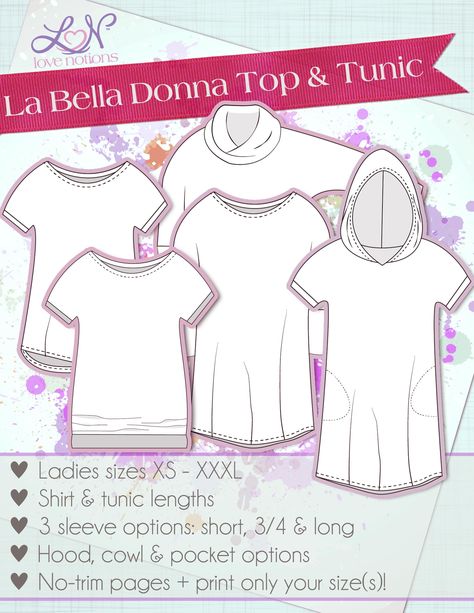 Love Notions La Bella Donna for ladies Downloadable Pattern Wearable Crafts, Hoodie Sewing, Quick Sew, Tops Sewing, Sewing Top, Tunic Sewing Patterns, Sewing Tops, Make Your Own Clothes, Knit Fabrics