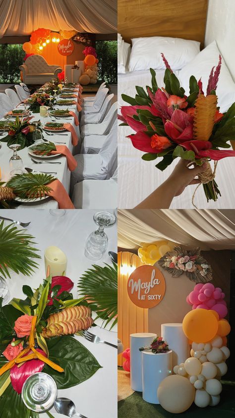 tropical birthday party styling Hawaiian 60th Birthday Party, Tropical Birthday Party Ideas For Women, Tropical 50th Birthday Party, Tropical 30th Birthday Party, Tropical Bday Party Ideas, Tropical Disco Party, Tropical Disco, 40th Birthday Themes, Birthday Party Menu