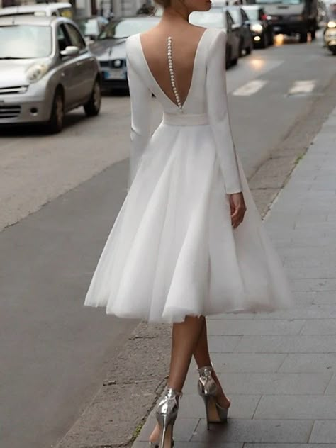 White Dresses Wedding, Legal Wedding, Wedding Dresses V Neck, Simple Prom Dresses, Knee Length Wedding Dress, Simple White Dress, Satin Bridal Gowns, Party Dress Classy, Civil Wedding Dresses