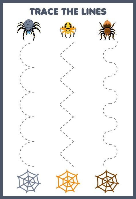 Education game for children handwriting practice trace the lines with cute cartoon spider and web picture printable bug worksheet Spider Preschool Activities, Spider Theme Preschool, Spider Crafts Preschool, Stellaluna Crafts, Daycare Job, Bug Printable, Spiders Preschool, Ece Resources, Spider Writing