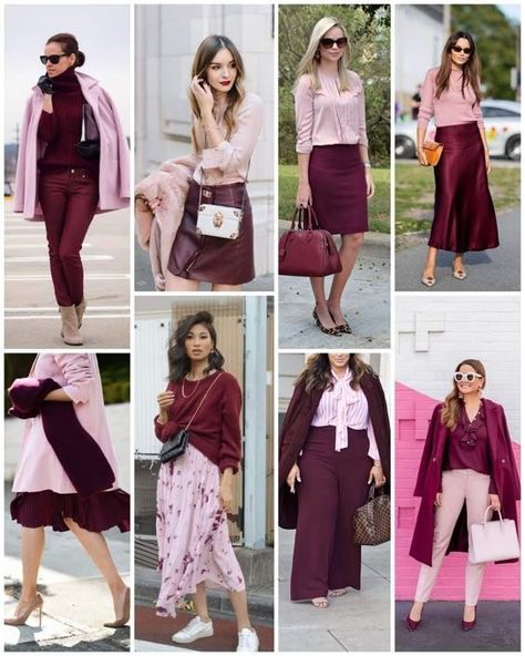 Pink Burgundy Outfit, Burgundy Work Outfit, Burgundy Pink Outfit, Work Outfits Winter Women, Red And Burgundy Outfit, Burgundy Outfit Ideas Color Combos, Burgundy And Pink Outfit, Colorful Autumn Outfits, Pink And Burgundy Outfit