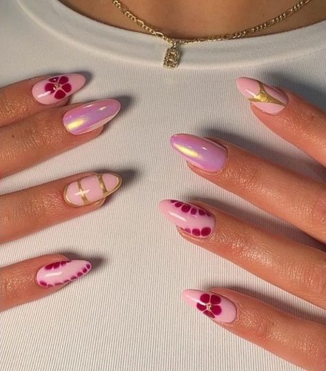 Pink Orange Floral Nails, Almond Nails Pink Design, Trendy Acrylic Nails, Edgy Nails, Summery Nails, Girly Acrylic Nails, Acrylic Nails Coffin Short, Girls Nails, Nail Art Ideas