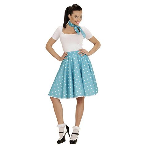 ♔⊱ᏠᏋᎦᎦιᏨᏘ⊰♔ Rock And Roll Costume, Vintage Clothing Styles, Blue Polka Dot Skirt, Turquoise Scarf, Roll Dress, Polka Dot Skirt, Dot Skirt, Blue Polka Dots, Rock Roll