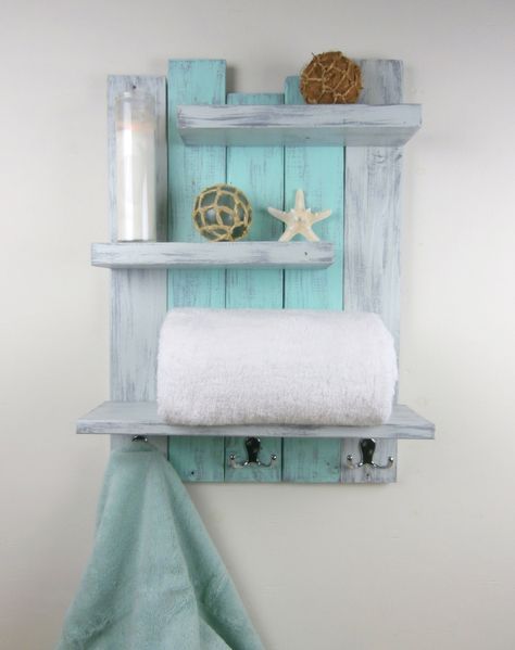 Distressed Shelves, Bathroom Shelf With Hooks, Teal Bathroom Decor, Above Toilet, Shelves Above Toilet, Teal Bathroom, Toilet Shelves, Bath Shelf, Wood Bath