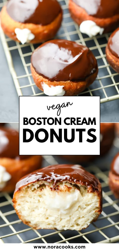 Donuts Filled, Cream Donut Recipe, Vegan Donut Recipe, Boston Cream Donut, Vegan Pastry, Nora Cooks, Vegan Doughnuts, Fry Bake, Vegan Pastries