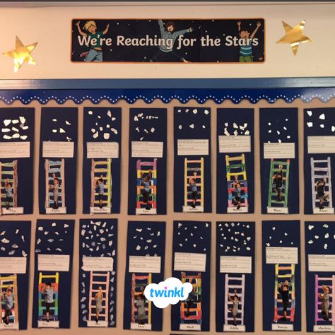 Amazing Reach for the stars classroom display! What a great display to create with your students! Download Reach for the Stars Banner here! Target Display Classroom, Star Board Classroom, Next Steps Display Eyfs, Reach For The Stars Graduation Theme, Our Class Display, Target Boards, Behaviour Display, Classroom Wall Displays, Stars Banner