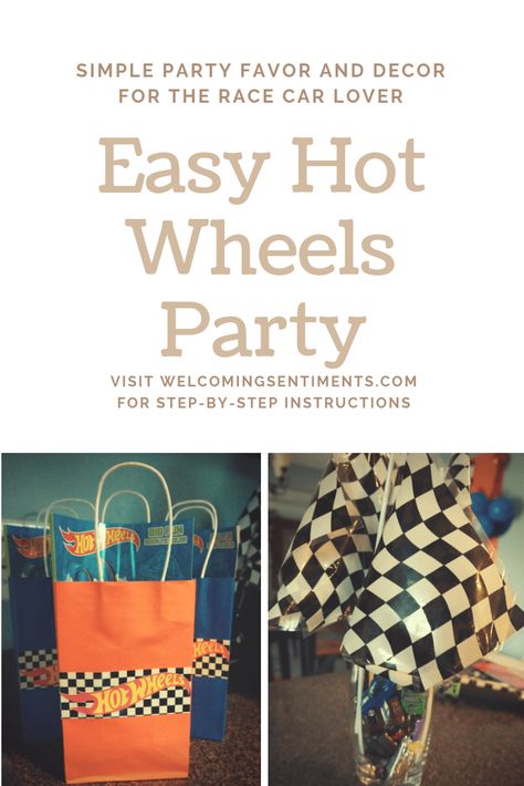 Simple Hot Wheels race party decorations and favors.  Orange and Blue party, checkered flag race.  5th birthday Hotwheels Party Favors Goodie Bags, Diy Hot Wheels Birthday Decorations, Hot Wheels Birthday Party Favors, Hot Wheels Birthday Party Games, Hot Wheels Birthday Party Decorations, Hot Wheels Party Games, Orange And Blue Party, Hot Wheels Printable, Hot Wheels Birthday Party Ideas Decoration