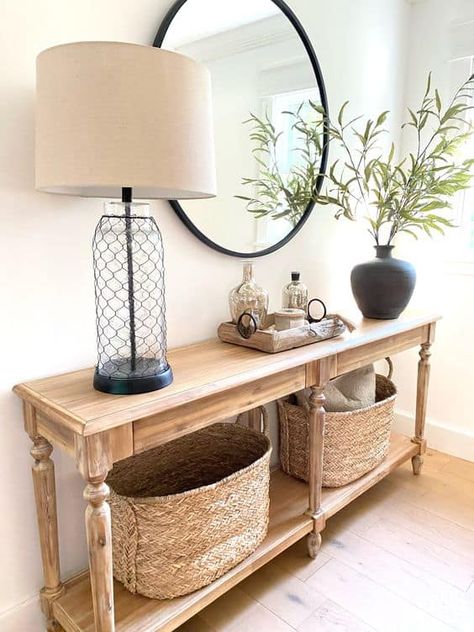 80 Farmhouse Home Decor Ideas for The Entire House » Lady Decluttered Foyer Table Decor, Entrance Table Decor, Entryway Table Ideas, Entry Table Decor, Sideboard Decor, Console Table Styling, Console Table Decorating, Entrance Table, Entryway Table Decor