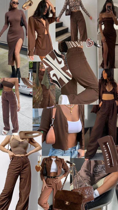 #moodboard #brown Brown Glitter Outfit, Brown Short Sleeve Shirt Outfit, 50 Shades Of Brown Outfits, Brown Women Outfits, Warm Brown Outfit, Brown Outfit Photoshoot, Coffee Brown Outfit, Tan And Brown Outfit, Brown Clothes Outfit