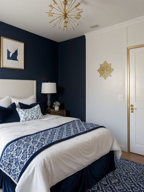 Navy Blue And White Room Bedrooms, Navy And Gold Bedroom Ideas, Gold Navy Bedroom, Navy White And Gold Bedroom, Blue Gold White Bedroom, Blue Bedroom Ideas For Teens, Blue White And Gold Bedroom, Granny Bedroom, Navy Blue Bedroom Aesthetic