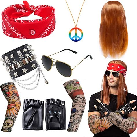 【Great Value Package】We provide you 1 x Rock Star 80's heavy metal Wig; 1 x Rose gold frame sunglass; 2 x skull bracelet;2 x Steam punk gloves：1 x Bandana; 2 x Temporary Tattoo Sleeves; 1 x hip hop necklace. Plenty of interesting suits to meet your various dressing-up needs. Interesting Suits, Fancy Dress For Adults, Slash Costume, Punk Gloves, Dress For Adults, Halloween 80s, 80s Heavy Metal, Fake Tattoo Sleeves, 80s Rocker