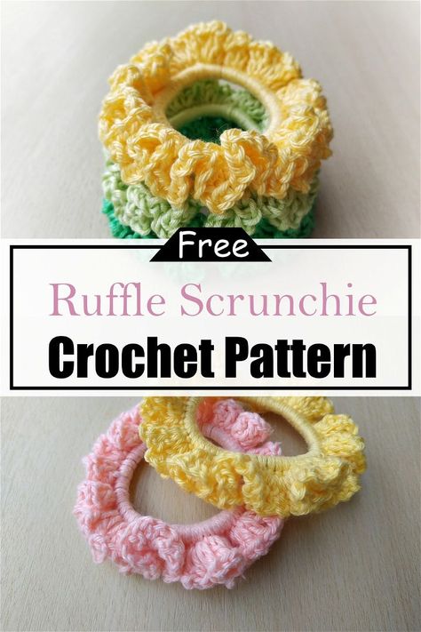 20 Crochet Scrunchie Patterns For Gift Giving - All Sands Ruffle Sleeve Top Pattern, Diy Crochet Hair Accessories, Sunflower Scrunchie, Ruffle Scrunchie, Crochet Ruffles, Crochet Scrunchie, Crochet Scrunchies, Ravelry Crochet, Crochet Phone Cases