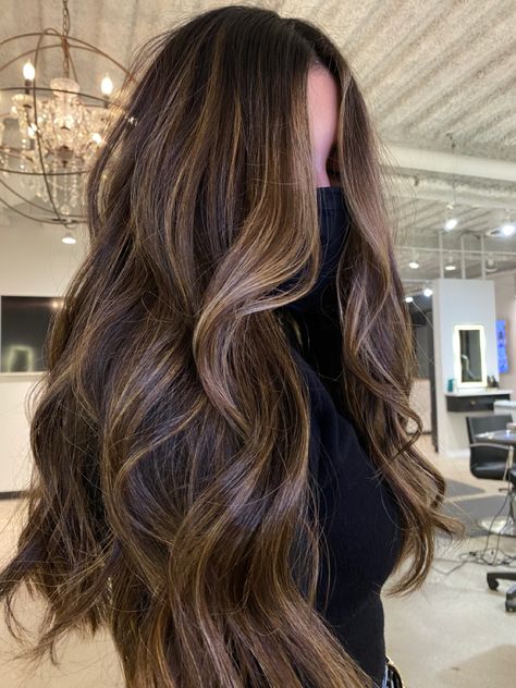 Dark Brown Hair Balayage Extensions, Dark Golden Balayage, Dark Brown Hair With Golden Balayage, Full Balayage Black Hair, Warm Brown Balayage On Black Hair, Brunette Hair Caramel Highlights, Dark Brown Hair With Golden Highlights, Golden Balayage On Dark Hair, Golden Brown Hair Honey Balayage