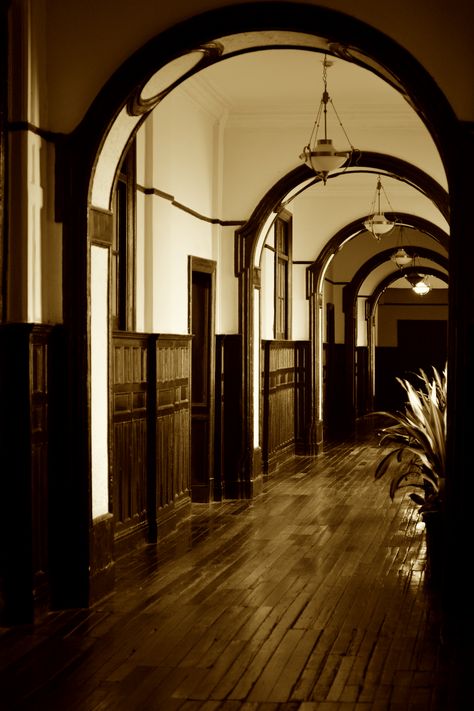 A hallway in Shanghai's Astor House Hotel Old Hallway, Old Shanghai Style, Shanghai Style, Victorian Interior Design, Hotel Hallway, Old Shanghai, Photo Arts, Carved Wood Wall Art, Colonial Design